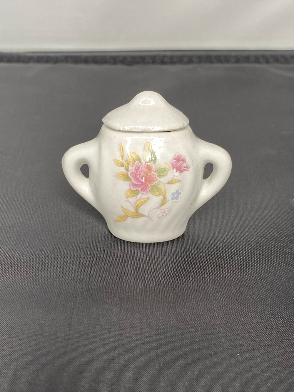 White Floral Mini Ceramic Sugar Jar with Lid - Pink Flower Design